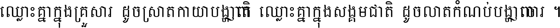 ឈ្លោះ​គ្នា​ក្នុង​គ្រួសារ ដូច​ស្រាត​កាយា​បង្ហាញ​ញាតិ ឈ្លោះគ្នាក្នុង​សង្គមជាតិ ដូច​លាត​កំណប់​បង្ហាញ​ចោរ ។