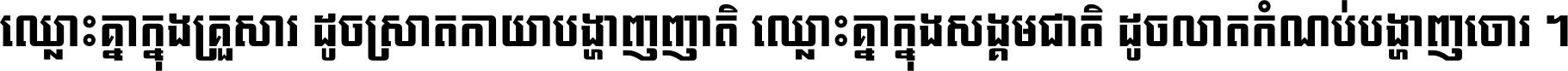 ឈ្លោះ​គ្នា​ក្នុង​គ្រួសារ ដូច​ស្រាត​កាយា​បង្ហាញ​ញាតិ ឈ្លោះគ្នាក្នុង​សង្គមជាតិ ដូច​លាត​កំណប់​បង្ហាញ​ចោរ ។