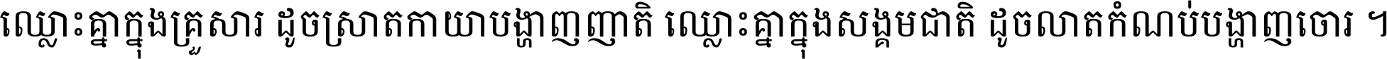 ឈ្លោះ​គ្នា​ក្នុង​គ្រួសារ ដូច​ស្រាត​កាយា​បង្ហាញ​ញាតិ ឈ្លោះគ្នាក្នុង​សង្គមជាតិ ដូច​លាត​កំណប់​បង្ហាញ​ចោរ ។