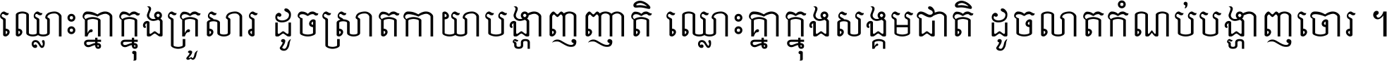 ឈ្លោះ​គ្នា​ក្នុង​គ្រួសារ ដូច​ស្រាត​កាយា​បង្ហាញ​ញាតិ ឈ្លោះគ្នាក្នុង​សង្គមជាតិ ដូច​លាត​កំណប់​បង្ហាញ​ចោរ ។
