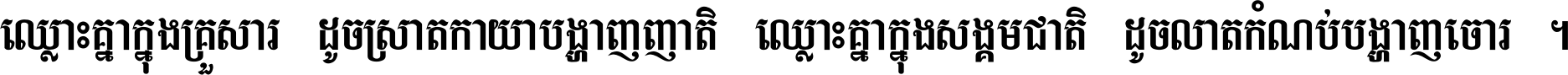 ឈ្លោះ​គ្នា​ក្នុង​គ្រួសារ ដូច​ស្រាត​កាយា​បង្ហាញ​ញាតិ ឈ្លោះគ្នាក្នុង​សង្គមជាតិ ដូច​លាត​កំណប់​បង្ហាញ​ចោរ ។
