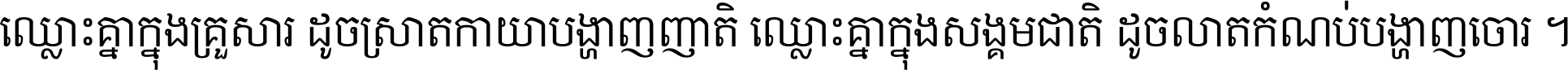 ឈ្លោះ​គ្នា​ក្នុង​គ្រួសារ ដូច​ស្រាត​កាយា​បង្ហាញ​ញាតិ ឈ្លោះគ្នាក្នុង​សង្គមជាតិ ដូច​លាត​កំណប់​បង្ហាញ​ចោរ ។