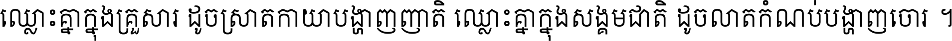 ឈ្លោះ​គ្នា​ក្នុង​គ្រួសារ ដូច​ស្រាត​កាយា​បង្ហាញ​ញាតិ ឈ្លោះគ្នាក្នុង​សង្គមជាតិ ដូច​លាត​កំណប់​បង្ហាញ​ចោរ ។