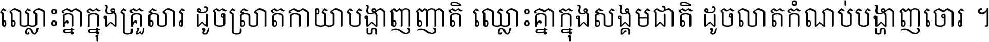 ឈ្លោះ​គ្នា​ក្នុង​គ្រួសារ ដូច​ស្រាត​កាយា​បង្ហាញ​ញាតិ ឈ្លោះគ្នាក្នុង​សង្គមជាតិ ដូច​លាត​កំណប់​បង្ហាញ​ចោរ ។