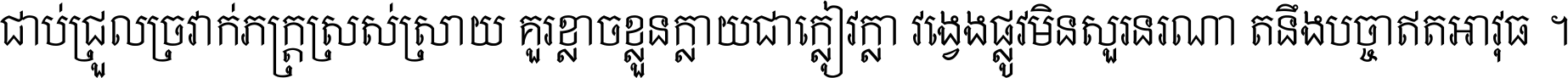 ជាប់​ជ្រួល​ច្រវាក់​ភក្ត្រ​ស្រស់ស្រាយ គួរ​ខ្លាច​ខ្លួន​ក្លាយ​ជា​ក្លៀវក្លា វង្វេង​ផ្លូវ​មិន​សួរន​រណា តនឹងបច្ចា​ឥត​អាវុធ ។