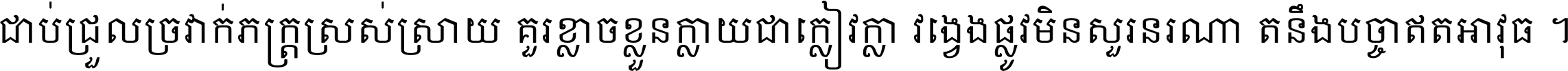 ជាប់​ជ្រួល​ច្រវាក់​ភក្ត្រ​ស្រស់ស្រាយ គួរ​ខ្លាច​ខ្លួន​ក្លាយ​ជា​ក្លៀវក្លា វង្វេង​ផ្លូវ​មិន​សួរន​រណា តនឹងបច្ចា​ឥត​អាវុធ ។
