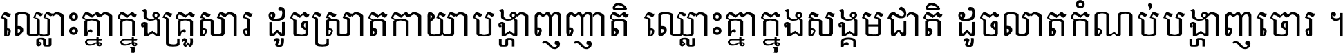 ឈ្លោះ​គ្នា​ក្នុង​គ្រួសារ ដូច​ស្រាត​កាយា​បង្ហាញ​ញាតិ ឈ្លោះគ្នាក្នុង​សង្គមជាតិ ដូច​លាត​កំណប់​បង្ហាញ​ចោរ ។