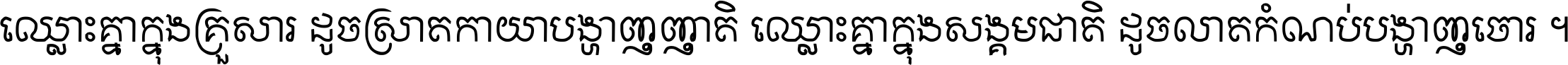 ឈ្លោះ​គ្នា​ក្នុង​គ្រួសារ ដូច​ស្រាត​កាយា​បង្ហាញ​ញាតិ ឈ្លោះគ្នាក្នុង​សង្គមជាតិ ដូច​លាត​កំណប់​បង្ហាញ​ចោរ ។