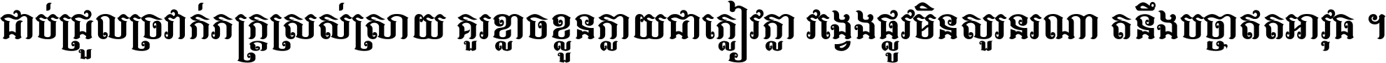 ជាប់​ជ្រួល​ច្រវាក់​ភក្ត្រ​ស្រស់ស្រាយ គួរ​ខ្លាច​ខ្លួន​ក្លាយ​ជា​ក្លៀវក្លា វង្វេង​ផ្លូវ​មិន​សួរន​រណា តនឹងបច្ចា​ឥត​អាវុធ ។