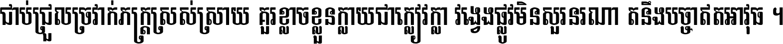 ជាប់​ជ្រួល​ច្រវាក់​ភក្ត្រ​ស្រស់ស្រាយ គួរ​ខ្លាច​ខ្លួន​ក្លាយ​ជា​ក្លៀវក្លា វង្វេង​ផ្លូវ​មិន​សួរន​រណា តនឹងបច្ចា​ឥត​អាវុធ ។