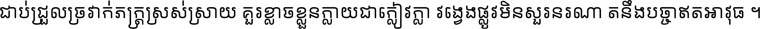 ជាប់​ជ្រួល​ច្រវាក់​ភក្ត្រ​ស្រស់ស្រាយ គួរ​ខ្លាច​ខ្លួន​ក្លាយ​ជា​ក្លៀវក្លា វង្វេង​ផ្លូវ​មិន​សួរន​រណា តនឹងបច្ចា​ឥត​អាវុធ ។