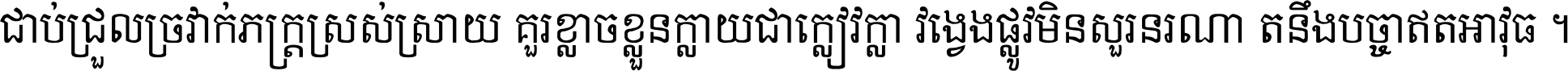 ជាប់​ជ្រួល​ច្រវាក់​ភក្ត្រ​ស្រស់ស្រាយ គួរ​ខ្លាច​ខ្លួន​ក្លាយ​ជា​ក្លៀវក្លា វង្វេង​ផ្លូវ​មិន​សួរន​រណា តនឹងបច្ចា​ឥត​អាវុធ ។