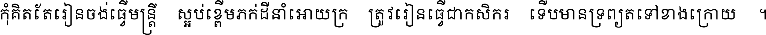 កុំ​គិត​តែ​រៀន​ចង់ធ្វើ​មន្ត្រី ស្អប់​ខ្ពើម​ភក់ដី​នាំអោយ​ក្រ ត្រូវ​រៀន​ធ្វើ​ជា​កសិករ ទើប​មានទ្រព្យ​ត​ទៅ​ខាង​ក្រោយ ។