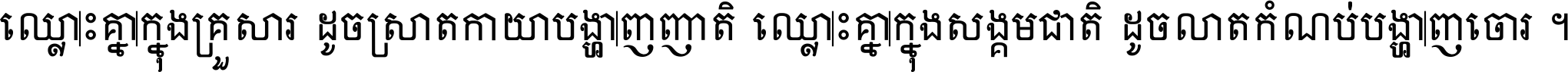 ឈ្លោះ​គ្នា​ក្នុង​គ្រួសារ ដូច​ស្រាត​កាយា​បង្ហាញ​ញាតិ ឈ្លោះគ្នាក្នុង​សង្គមជាតិ ដូច​លាត​កំណប់​បង្ហាញ​ចោរ ។