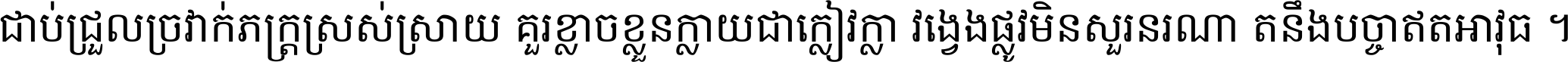 ជាប់​ជ្រួល​ច្រវាក់​ភក្ត្រ​ស្រស់ស្រាយ គួរ​ខ្លាច​ខ្លួន​ក្លាយ​ជា​ក្លៀវក្លា វង្វេង​ផ្លូវ​មិន​សួរន​រណា តនឹងបច្ចា​ឥត​អាវុធ ។