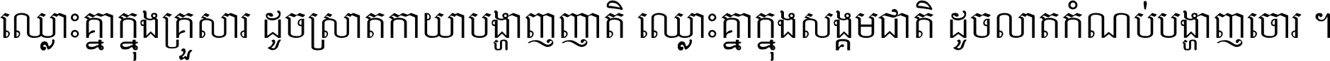 ឈ្លោះ​គ្នា​ក្នុង​គ្រួសារ ដូច​ស្រាត​កាយា​បង្ហាញ​ញាតិ ឈ្លោះគ្នាក្នុង​សង្គមជាតិ ដូច​លាត​កំណប់​បង្ហាញ​ចោរ ។