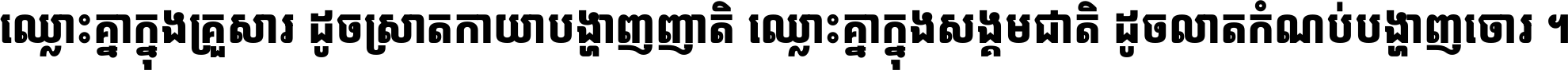 ឈ្លោះ​គ្នា​ក្នុង​គ្រួសារ ដូច​ស្រាត​កាយា​បង្ហាញ​ញាតិ ឈ្លោះគ្នាក្នុង​សង្គមជាតិ ដូច​លាត​កំណប់​បង្ហាញ​ចោរ ។