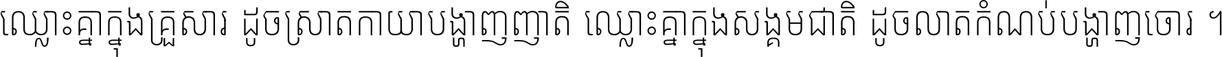 ឈ្លោះ​គ្នា​ក្នុង​គ្រួសារ ដូច​ស្រាត​កាយា​បង្ហាញ​ញាតិ ឈ្លោះគ្នាក្នុង​សង្គមជាតិ ដូច​លាត​កំណប់​បង្ហាញ​ចោរ ។