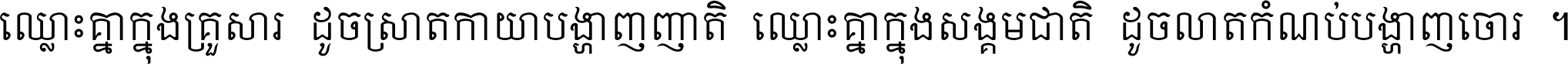 ឈ្លោះ​គ្នា​ក្នុង​គ្រួសារ ដូច​ស្រាត​កាយា​បង្ហាញ​ញាតិ ឈ្លោះគ្នាក្នុង​សង្គមជាតិ ដូច​លាត​កំណប់​បង្ហាញ​ចោរ ។