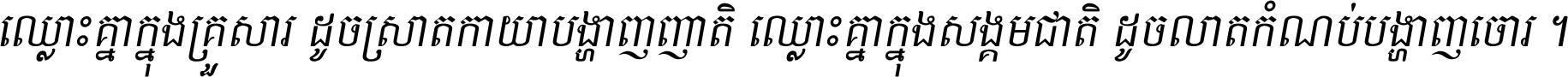 ឈ្លោះ​គ្នា​ក្នុង​គ្រួសារ ដូច​ស្រាត​កាយា​បង្ហាញ​ញាតិ ឈ្លោះគ្នាក្នុង​សង្គមជាតិ ដូច​លាត​កំណប់​បង្ហាញ​ចោរ ។