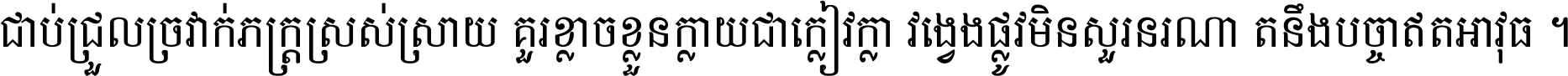 ជាប់​ជ្រួល​ច្រវាក់​ភក្ត្រ​ស្រស់ស្រាយ គួរ​ខ្លាច​ខ្លួន​ក្លាយ​ជា​ក្លៀវក្លា វង្វេង​ផ្លូវ​មិន​សួរន​រណា តនឹងបច្ចា​ឥត​អាវុធ ។