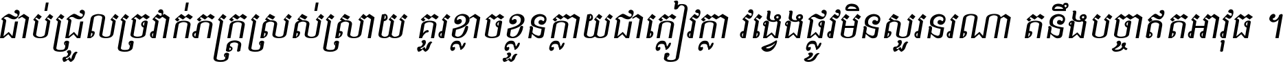 ជាប់​ជ្រួល​ច្រវាក់​ភក្ត្រ​ស្រស់ស្រាយ គួរ​ខ្លាច​ខ្លួន​ក្លាយ​ជា​ក្លៀវក្លា វង្វេង​ផ្លូវ​មិន​សួរន​រណា តនឹងបច្ចា​ឥត​អាវុធ ។