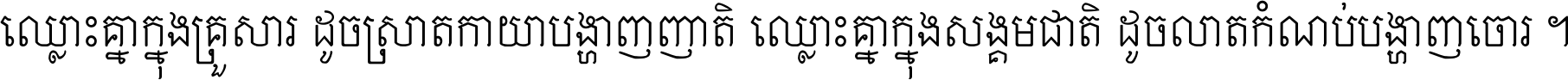 ឈ្លោះ​គ្នា​ក្នុង​គ្រួសារ ដូច​ស្រាត​កាយា​បង្ហាញ​ញាតិ ឈ្លោះគ្នាក្នុង​សង្គមជាតិ ដូច​លាត​កំណប់​បង្ហាញ​ចោរ ។