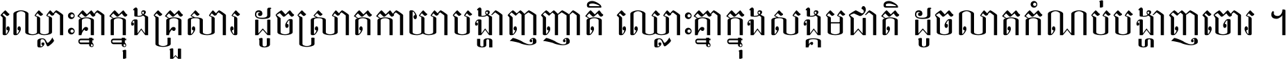 ឈ្លោះ​គ្នា​ក្នុង​គ្រួសារ ដូច​ស្រាត​កាយា​បង្ហាញ​ញាតិ ឈ្លោះគ្នាក្នុង​សង្គមជាតិ ដូច​លាត​កំណប់​បង្ហាញ​ចោរ ។