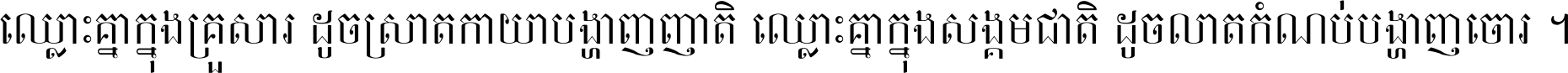 ឈ្លោះ​គ្នា​ក្នុង​គ្រួសារ ដូច​ស្រាត​កាយា​បង្ហាញ​ញាតិ ឈ្លោះគ្នាក្នុង​សង្គមជាតិ ដូច​លាត​កំណប់​បង្ហាញ​ចោរ ។