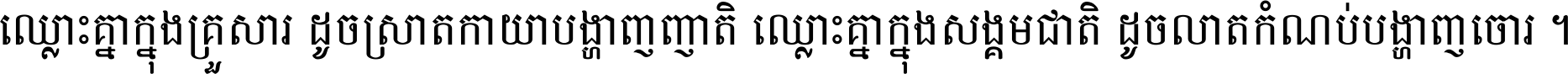 ឈ្លោះ​គ្នា​ក្នុង​គ្រួសារ ដូច​ស្រាត​កាយា​បង្ហាញ​ញាតិ ឈ្លោះគ្នាក្នុង​សង្គមជាតិ ដូច​លាត​កំណប់​បង្ហាញ​ចោរ ។