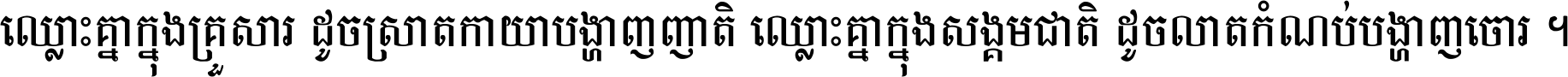 ឈ្លោះ​គ្នា​ក្នុង​គ្រួសារ ដូច​ស្រាត​កាយា​បង្ហាញ​ញាតិ ឈ្លោះគ្នាក្នុង​សង្គមជាតិ ដូច​លាត​កំណប់​បង្ហាញ​ចោរ ។