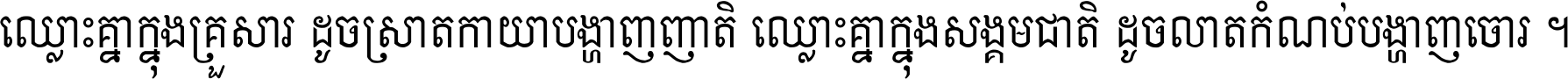 ឈ្លោះ​គ្នា​ក្នុង​គ្រួសារ ដូច​ស្រាត​កាយា​បង្ហាញ​ញាតិ ឈ្លោះគ្នាក្នុង​សង្គមជាតិ ដូច​លាត​កំណប់​បង្ហាញ​ចោរ ។