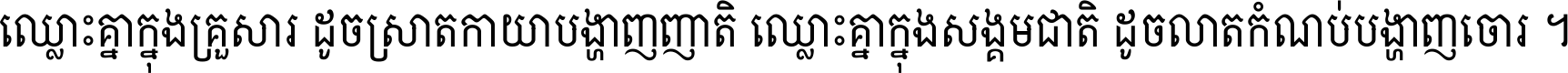 ឈ្លោះ​គ្នា​ក្នុង​គ្រួសារ ដូច​ស្រាត​កាយា​បង្ហាញ​ញាតិ ឈ្លោះគ្នាក្នុង​សង្គមជាតិ ដូច​លាត​កំណប់​បង្ហាញ​ចោរ ។