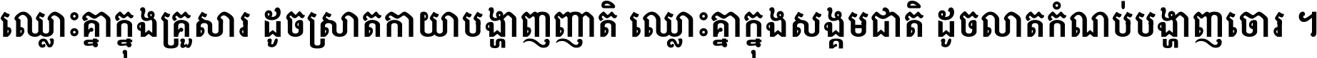 ឈ្លោះ​គ្នា​ក្នុង​គ្រួសារ ដូច​ស្រាត​កាយា​បង្ហាញ​ញាតិ ឈ្លោះគ្នាក្នុង​សង្គមជាតិ ដូច​លាត​កំណប់​បង្ហាញ​ចោរ ។