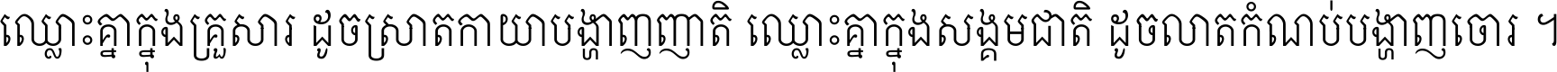 ឈ្លោះ​គ្នា​ក្នុង​គ្រួសារ ដូច​ស្រាត​កាយា​បង្ហាញ​ញាតិ ឈ្លោះគ្នាក្នុង​សង្គមជាតិ ដូច​លាត​កំណប់​បង្ហាញ​ចោរ ។