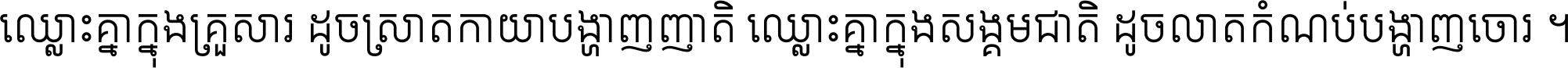 ឈ្លោះ​គ្នា​ក្នុង​គ្រួសារ ដូច​ស្រាត​កាយា​បង្ហាញ​ញាតិ ឈ្លោះគ្នាក្នុង​សង្គមជាតិ ដូច​លាត​កំណប់​បង្ហាញ​ចោរ ។