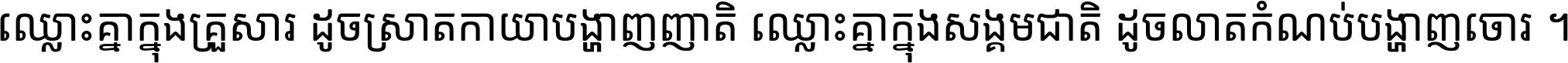 ឈ្លោះ​គ្នា​ក្នុង​គ្រួសារ ដូច​ស្រាត​កាយា​បង្ហាញ​ញាតិ ឈ្លោះគ្នាក្នុង​សង្គមជាតិ ដូច​លាត​កំណប់​បង្ហាញ​ចោរ ។