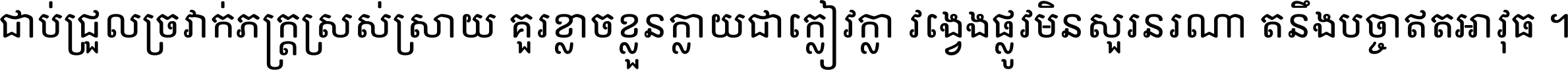 ជាប់​ជ្រួល​ច្រវាក់​ភក្ត្រ​ស្រស់ស្រាយ គួរ​ខ្លាច​ខ្លួន​ក្លាយ​ជា​ក្លៀវក្លា វង្វេង​ផ្លូវ​មិន​សួរន​រណា តនឹងបច្ចា​ឥត​អាវុធ ។