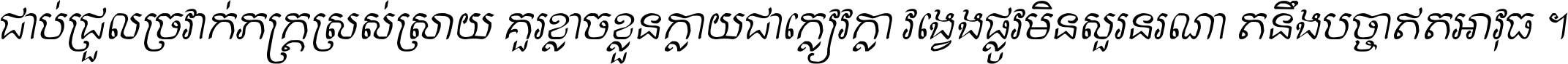 ជាប់​ជ្រួល​ច្រវាក់​ភក្ត្រ​ស្រស់ស្រាយ គួរ​ខ្លាច​ខ្លួន​ក្លាយ​ជា​ក្លៀវក្លា វង្វេង​ផ្លូវ​មិន​សួរន​រណា តនឹងបច្ចា​ឥត​អាវុធ ។