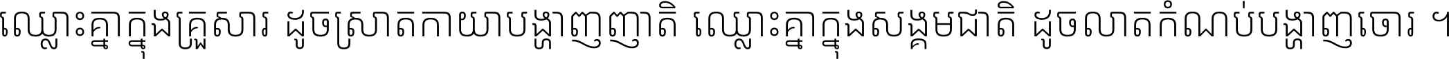ឈ្លោះ​គ្នា​ក្នុង​គ្រួសារ ដូច​ស្រាត​កាយា​បង្ហាញ​ញាតិ ឈ្លោះគ្នាក្នុង​សង្គមជាតិ ដូច​លាត​កំណប់​បង្ហាញ​ចោរ ។