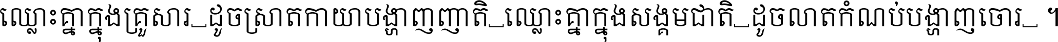 ឈ្លោះ​គ្នា​ក្នុង​គ្រួសារ ដូច​ស្រាត​កាយា​បង្ហាញ​ញាតិ ឈ្លោះគ្នាក្នុង​សង្គមជាតិ ដូច​លាត​កំណប់​បង្ហាញ​ចោរ ។