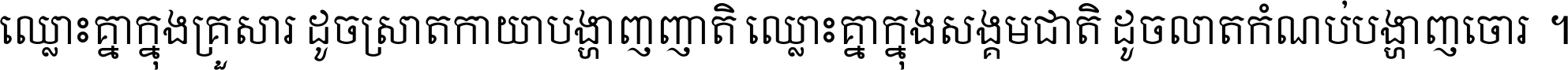 ឈ្លោះ​គ្នា​ក្នុង​គ្រួសារ ដូច​ស្រាត​កាយា​បង្ហាញ​ញាតិ ឈ្លោះគ្នាក្នុង​សង្គមជាតិ ដូច​លាត​កំណប់​បង្ហាញ​ចោរ ។