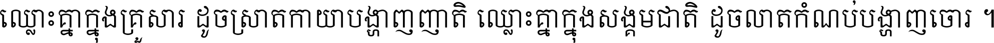 ឈ្លោះ​គ្នា​ក្នុង​គ្រួសារ ដូច​ស្រាត​កាយា​បង្ហាញ​ញាតិ ឈ្លោះគ្នាក្នុង​សង្គមជាតិ ដូច​លាត​កំណប់​បង្ហាញ​ចោរ ។