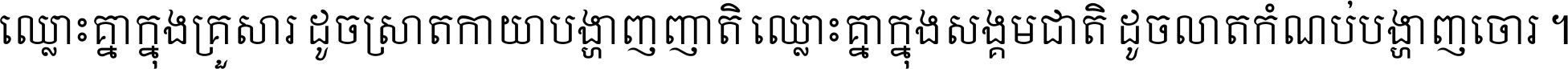ឈ្លោះ​គ្នា​ក្នុង​គ្រួសារ ដូច​ស្រាត​កាយា​បង្ហាញ​ញាតិ ឈ្លោះគ្នាក្នុង​សង្គមជាតិ ដូច​លាត​កំណប់​បង្ហាញ​ចោរ ។