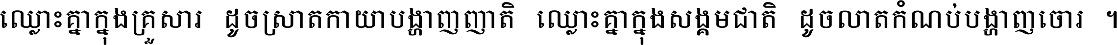 ឈ្លោះ​គ្នា​ក្នុង​គ្រួសារ ដូច​ស្រាត​កាយា​បង្ហាញ​ញាតិ ឈ្លោះគ្នាក្នុង​សង្គមជាតិ ដូច​លាត​កំណប់​បង្ហាញ​ចោរ ។