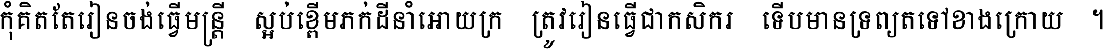 កុំ​គិត​តែ​រៀន​ចង់ធ្វើ​មន្ត្រី ស្អប់​ខ្ពើម​ភក់ដី​នាំអោយ​ក្រ ត្រូវ​រៀន​ធ្វើ​ជា​កសិករ ទើប​មានទ្រព្យ​ត​ទៅ​ខាង​ក្រោយ ។