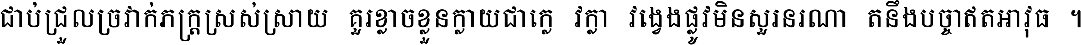 ជាប់​ជ្រួល​ច្រវាក់​ភក្ត្រ​ស្រស់ស្រាយ គួរ​ខ្លាច​ខ្លួន​ក្លាយ​ជា​ក្លៀវក្លា វង្វេង​ផ្លូវ​មិន​សួរន​រណា តនឹងបច្ចា​ឥត​អាវុធ ។