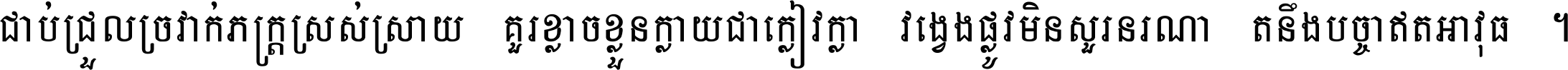 ជាប់​ជ្រួល​ច្រវាក់​ភក្ត្រ​ស្រស់ស្រាយ គួរ​ខ្លាច​ខ្លួន​ក្លាយ​ជា​ក្លៀវក្លា វង្វេង​ផ្លូវ​មិន​សួរន​រណា តនឹងបច្ចា​ឥត​អាវុធ ។