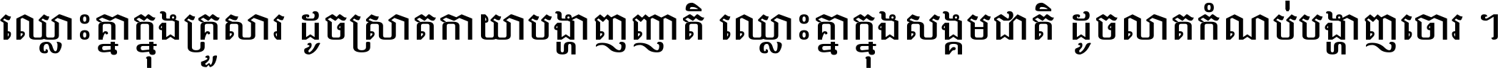 ឈ្លោះ​គ្នា​ក្នុង​គ្រួសារ ដូច​ស្រាត​កាយា​បង្ហាញ​ញាតិ ឈ្លោះគ្នាក្នុង​សង្គមជាតិ ដូច​លាត​កំណប់​បង្ហាញ​ចោរ ។