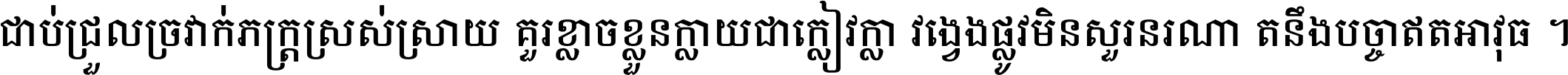 ជាប់​ជ្រួល​ច្រវាក់​ភក្ត្រ​ស្រស់ស្រាយ គួរ​ខ្លាច​ខ្លួន​ក្លាយ​ជា​ក្លៀវក្លា វង្វេង​ផ្លូវ​មិន​សួរន​រណា តនឹងបច្ចា​ឥត​អាវុធ ។